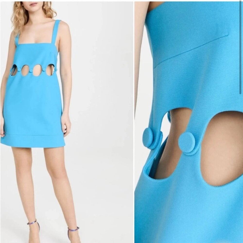 ALEXIS BARING CUTOUT SKY BLUE MINI DRESS XS COVERED BUTTONS SQUARE NECK XS